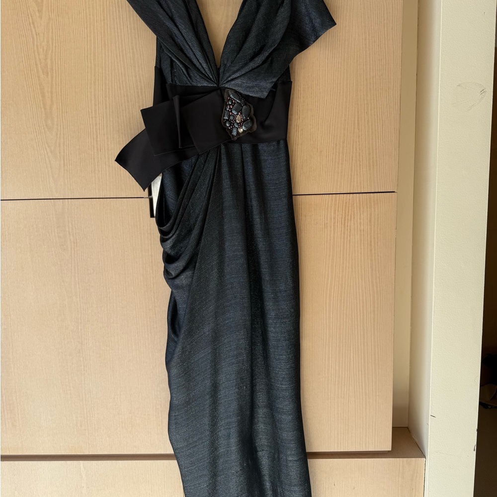 J. Mendel Black Draped Evening Gown with Embellished Bow